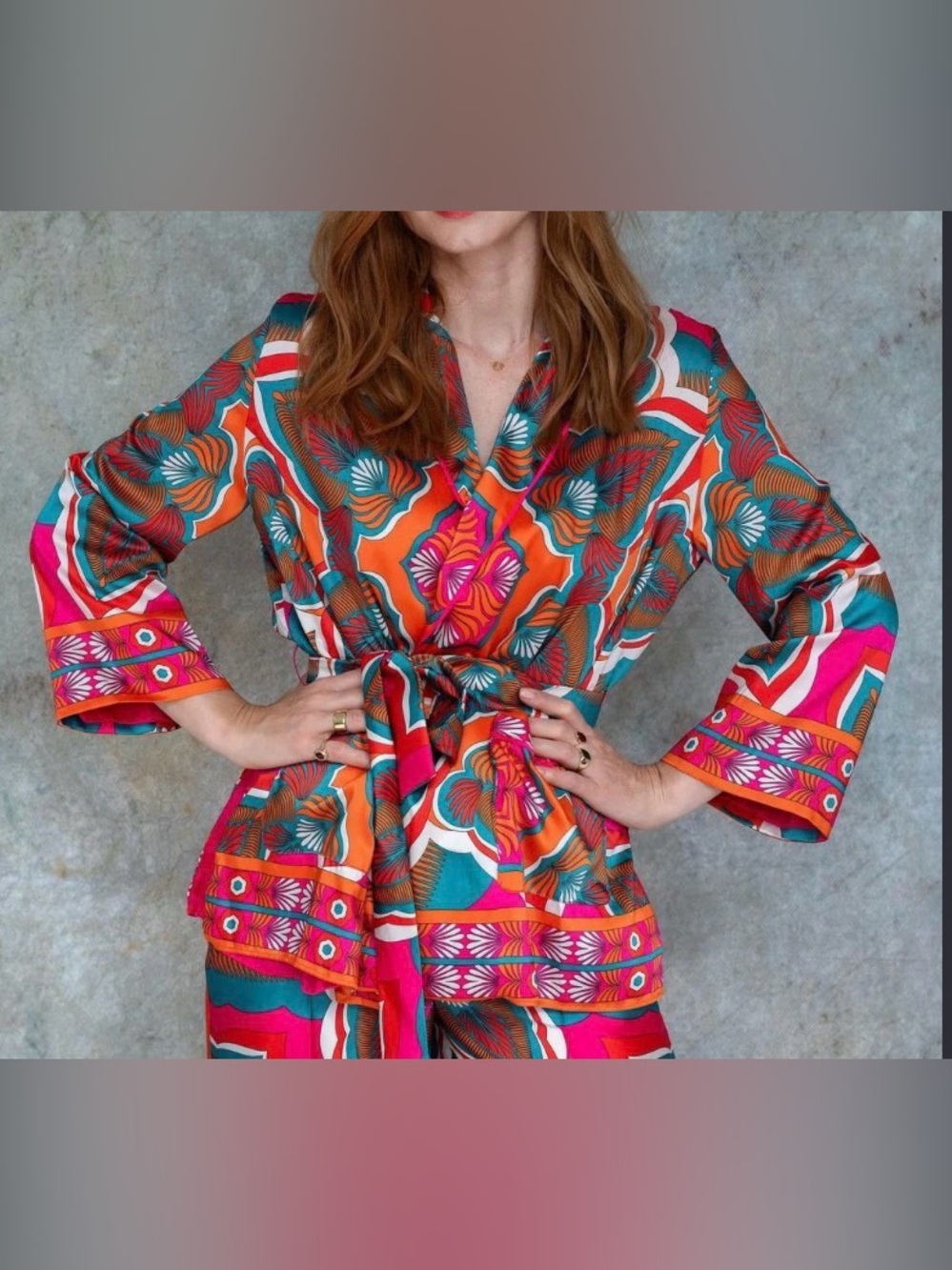 Zara Print Kimono Jacket Vibrant Multicolored Floral Belted Pockets Women Sz L